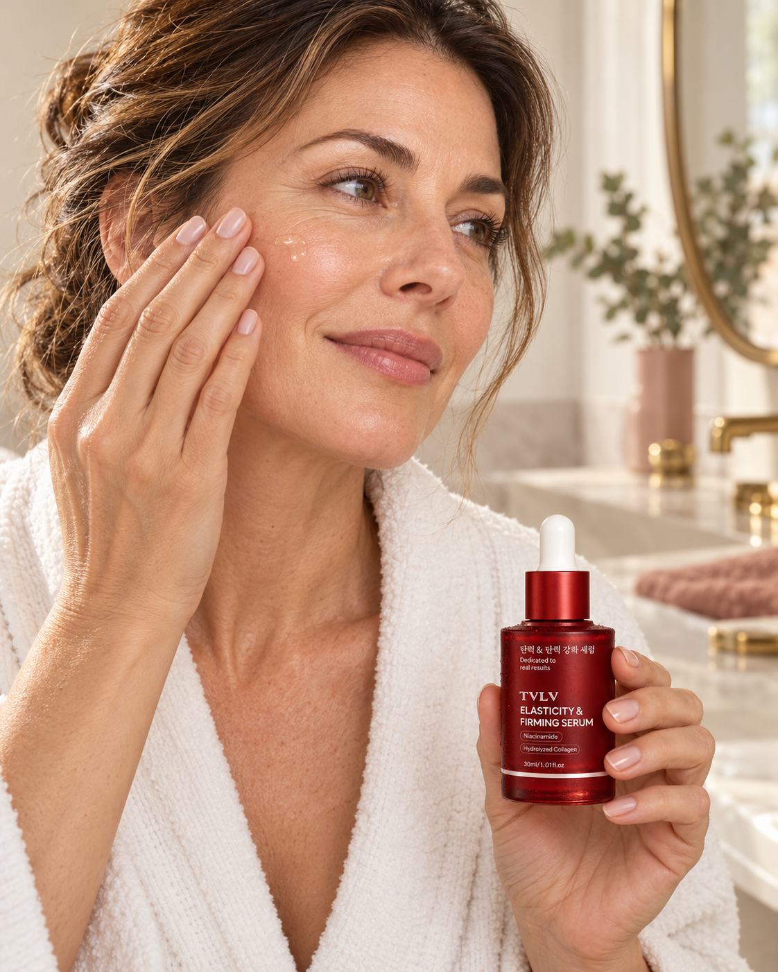 Illustrative skincare application scene with a woman holding the serum bottle.