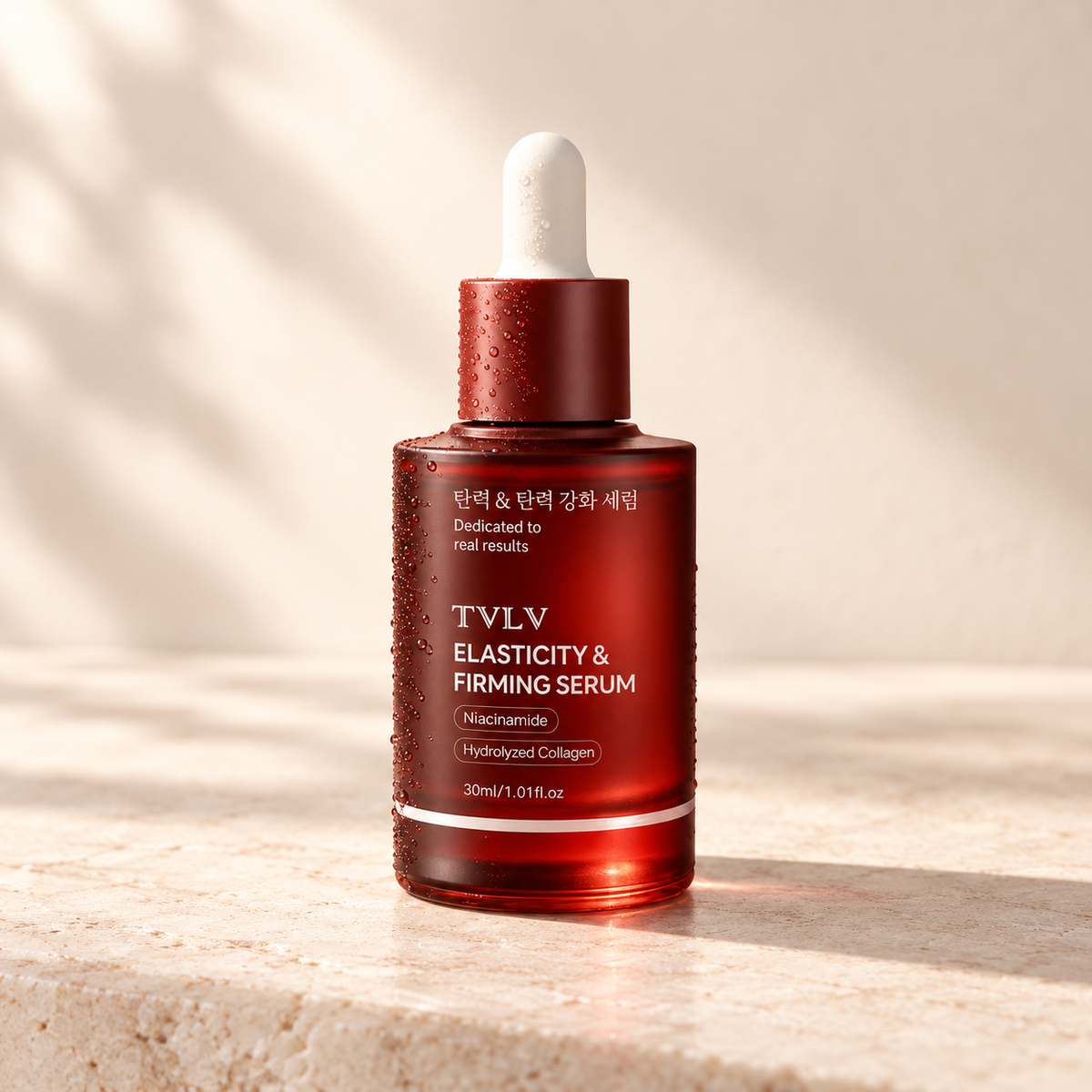 TVLV firming facial serum bottle on a warm ivory surface.